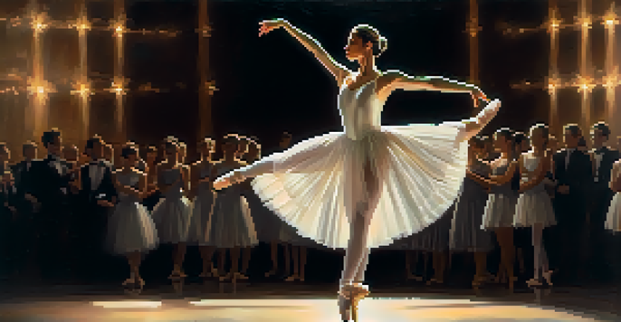 A ballet dancer in a white costume performing a pirouette on stage, with warm lighting and a blurred audience in the background.
