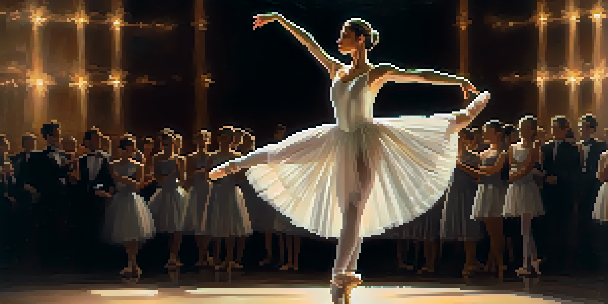 A ballet dancer in a white costume performing a pirouette on stage, with warm lighting and a blurred audience in the background.