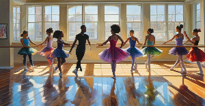A diverse group of dancers practicing various styles in a sunlit dance studio, showcasing unity and energy.