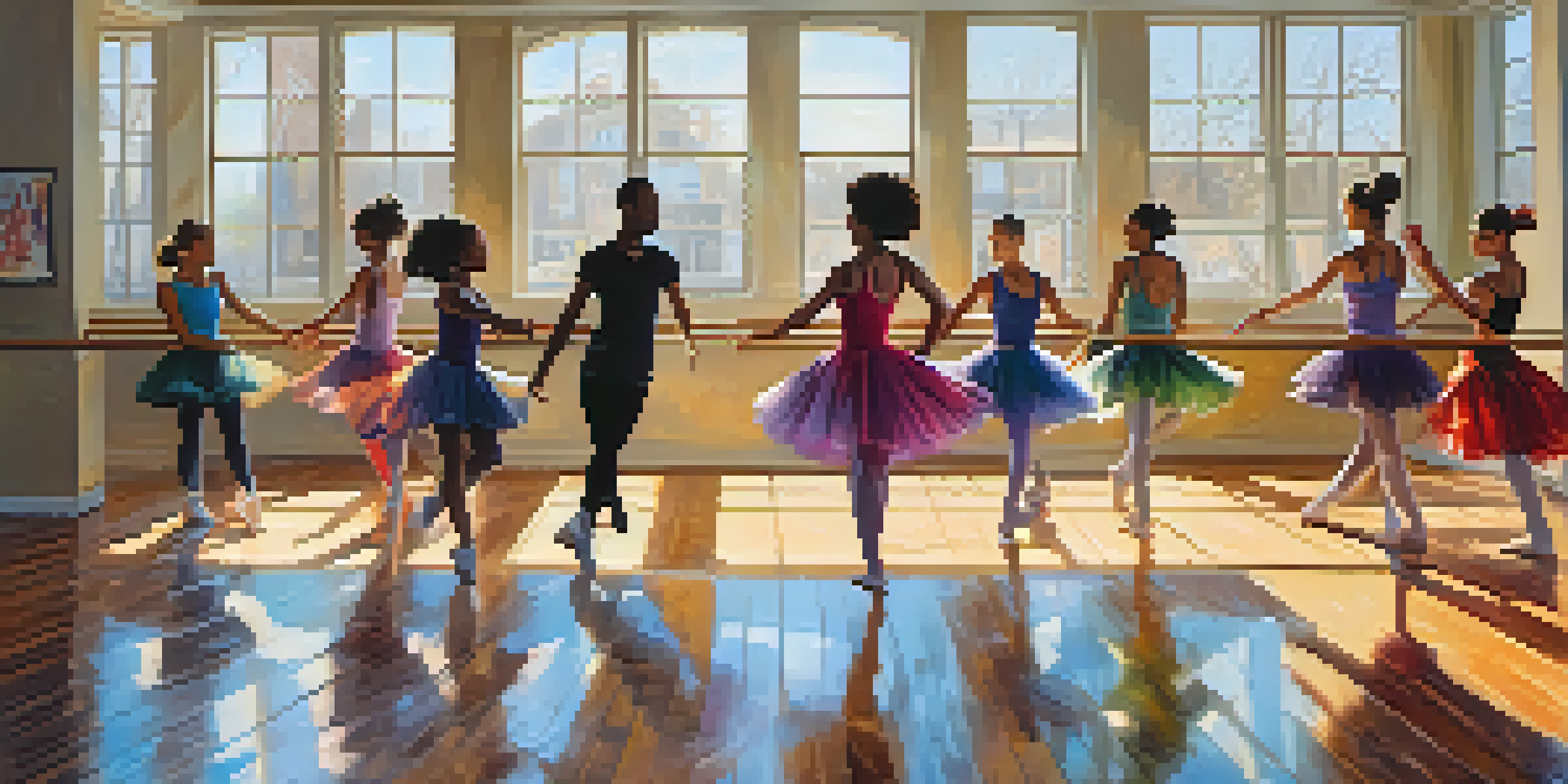 A diverse group of dancers practicing various styles in a sunlit dance studio, showcasing unity and energy.