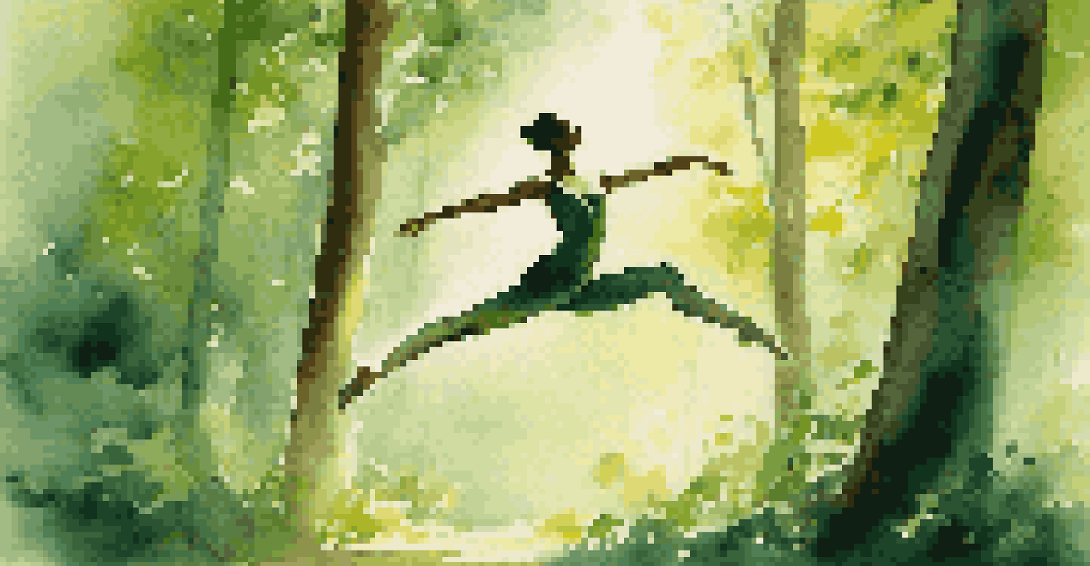 A contemporary dancer mid-air, leaping gracefully in a sunlit forest, surrounded by lush green trees and dappled sunlight.