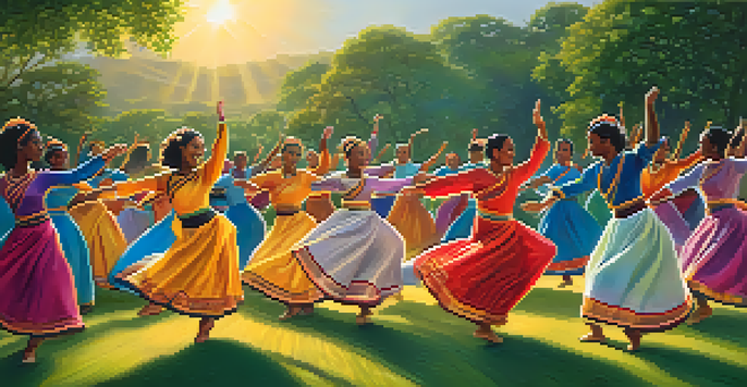 A diverse group of dancers in colorful costumes performing outdoors during sunset, with warm light illuminating their joyful movements.