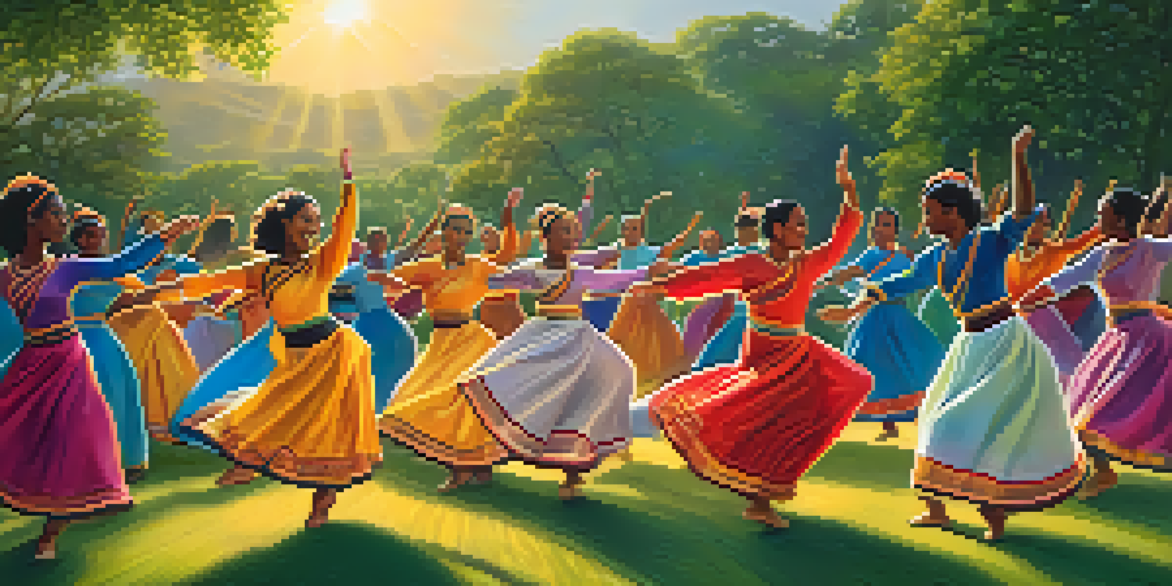 A diverse group of dancers in colorful costumes performing outdoors during sunset, with warm light illuminating their joyful movements.