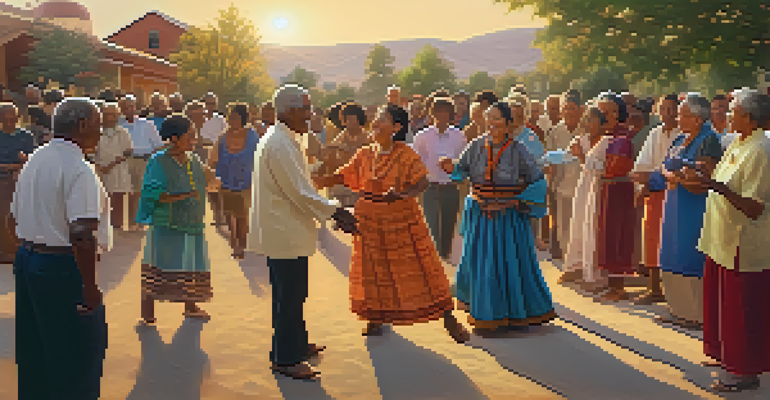 A group of elders teaching traditional dance to younger participants in a sunny outdoor setting, showcasing joy and cultural connection.