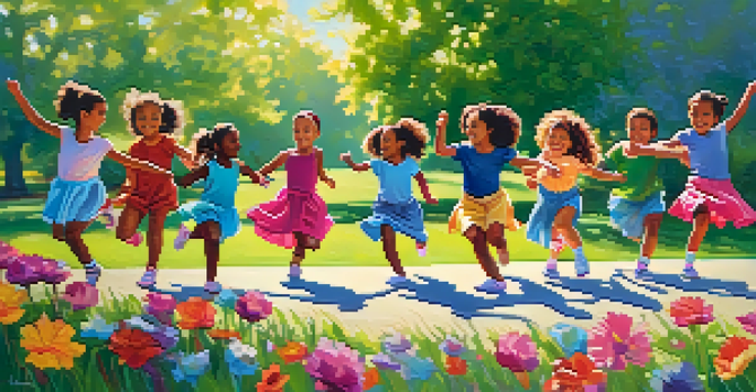 A diverse group of children dancing joyfully in a sunny park, surrounded by colorful flowers and green grass.