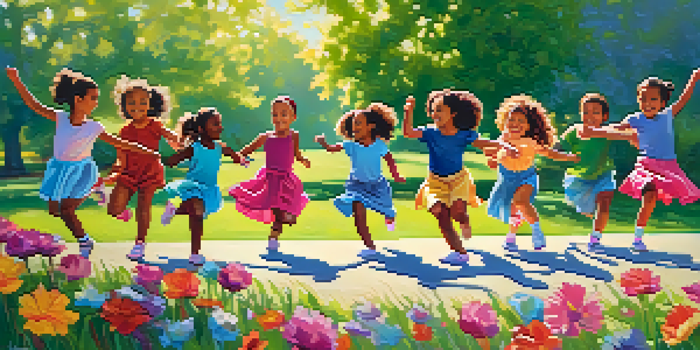 A diverse group of children dancing joyfully in a sunny park, surrounded by colorful flowers and green grass.