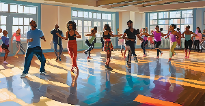 A lively dance class with diverse participants practicing different dance styles in a bright studio filled with sunlight.
