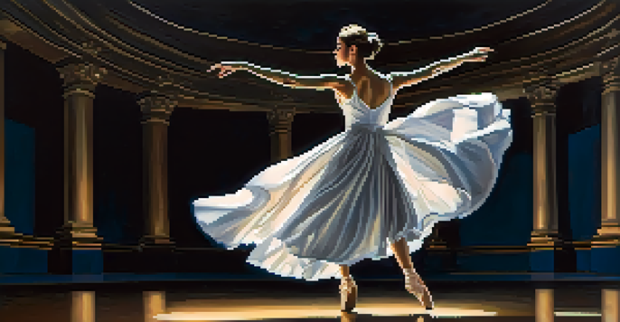 A dancer in a white dress performing alone on a dimly lit theater stage, expressing sadness through movement.