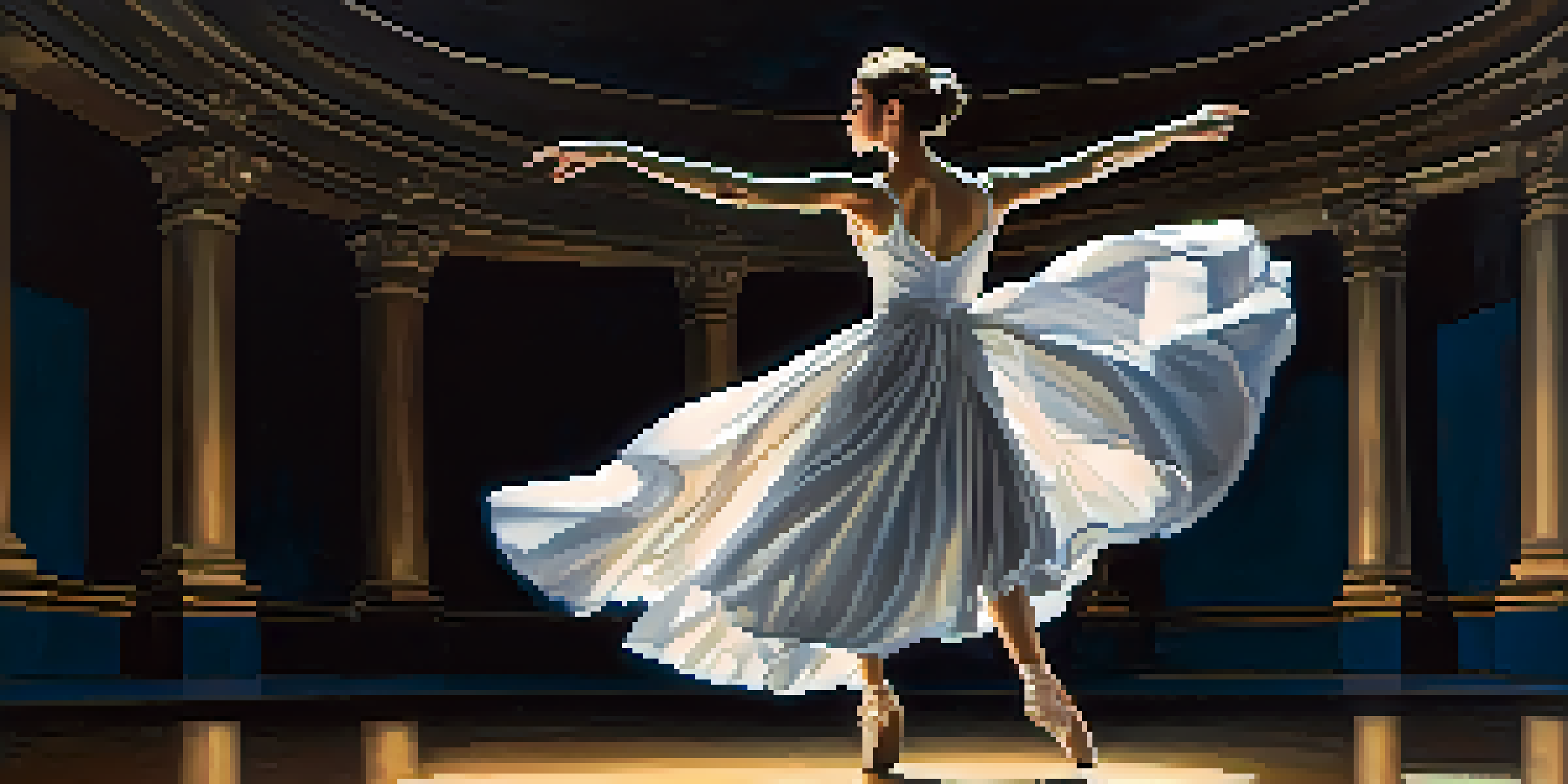 A dancer in a white dress performing alone on a dimly lit theater stage, expressing sadness through movement.