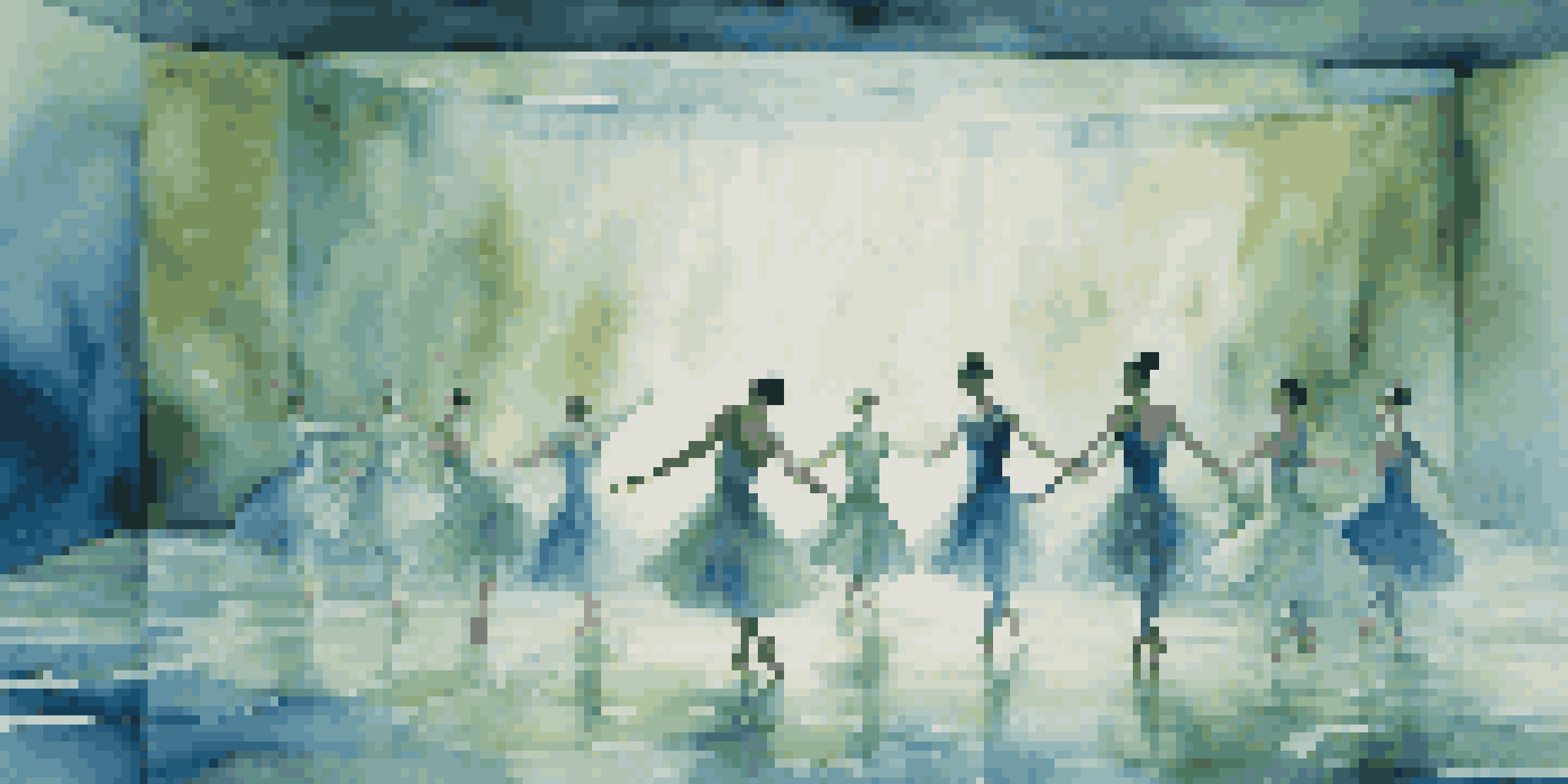 A ballet performance with dancers on a stage that looks like a flowing river, illuminated by soft blue and green lights with nature-themed projections in the background.
