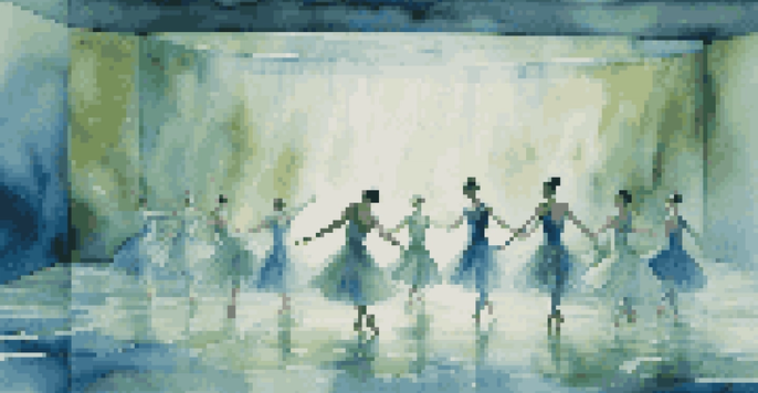 A ballet performance with dancers on a stage that looks like a flowing river, illuminated by soft blue and green lights with nature-themed projections in the background.