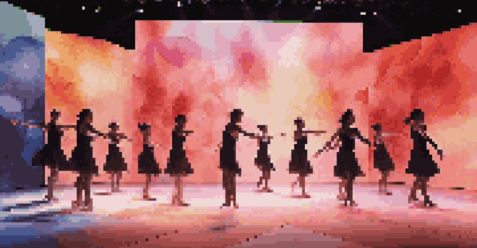 A kinetic dance theater set with movable elements and digital projections, illuminated by shifting lighting, showcasing dancers in motion.