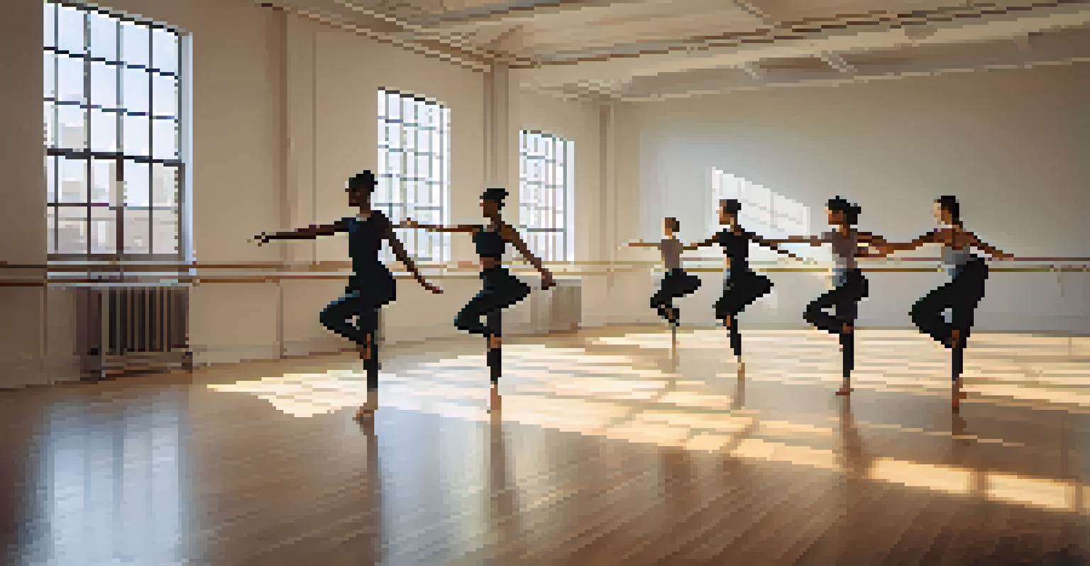 Participants practicing contemporary dance in a bright and spacious studio with wooden floors.