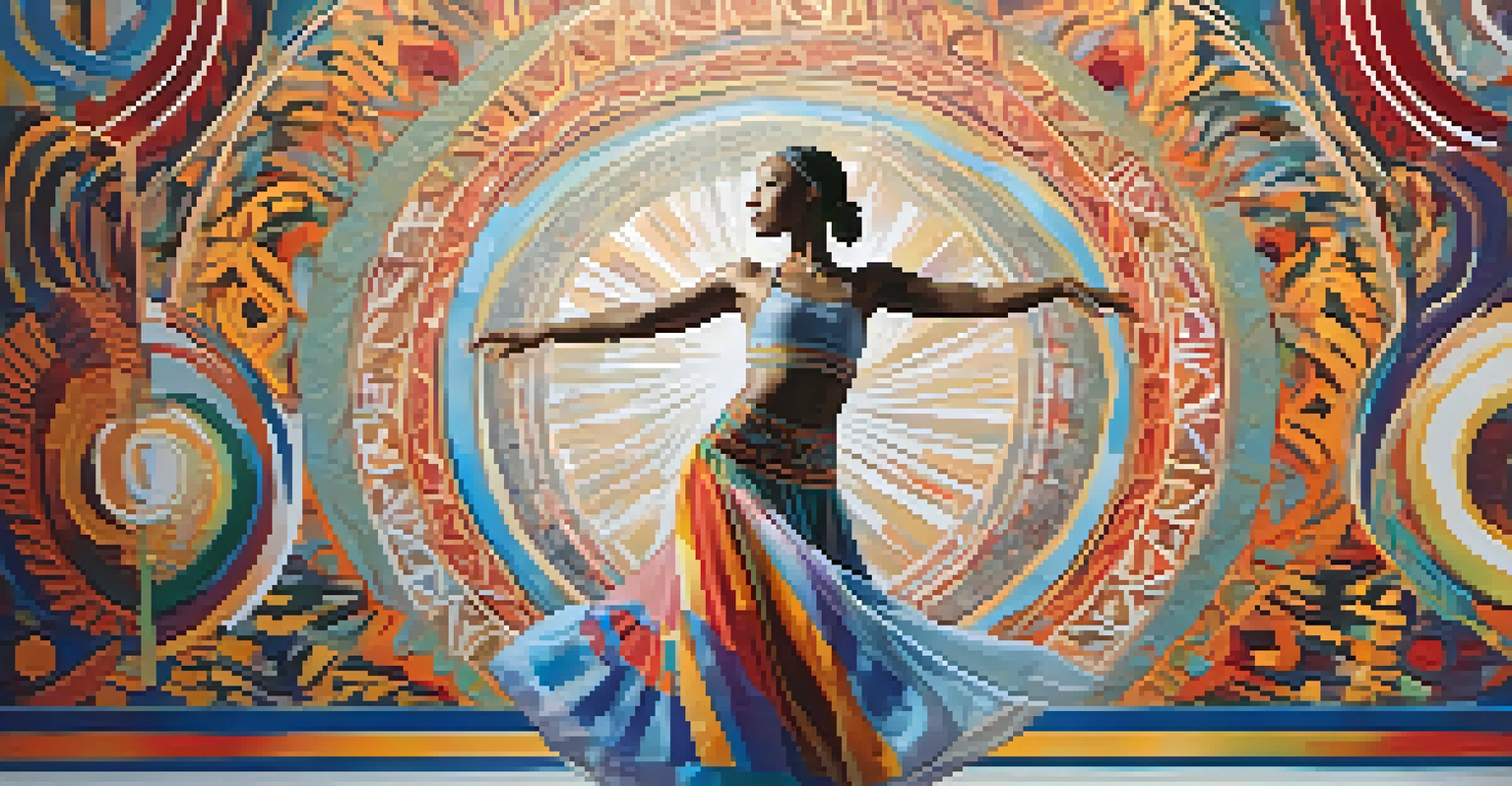 An artistic depiction of a dancer blending ballet and hip-hop movements, surrounded by colorful patterns and cultural motifs that symbolize fusion.