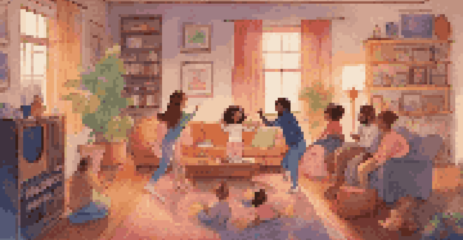 A family enjoying a fun dance party in a cozy living room, filled with laughter and colorful lights.