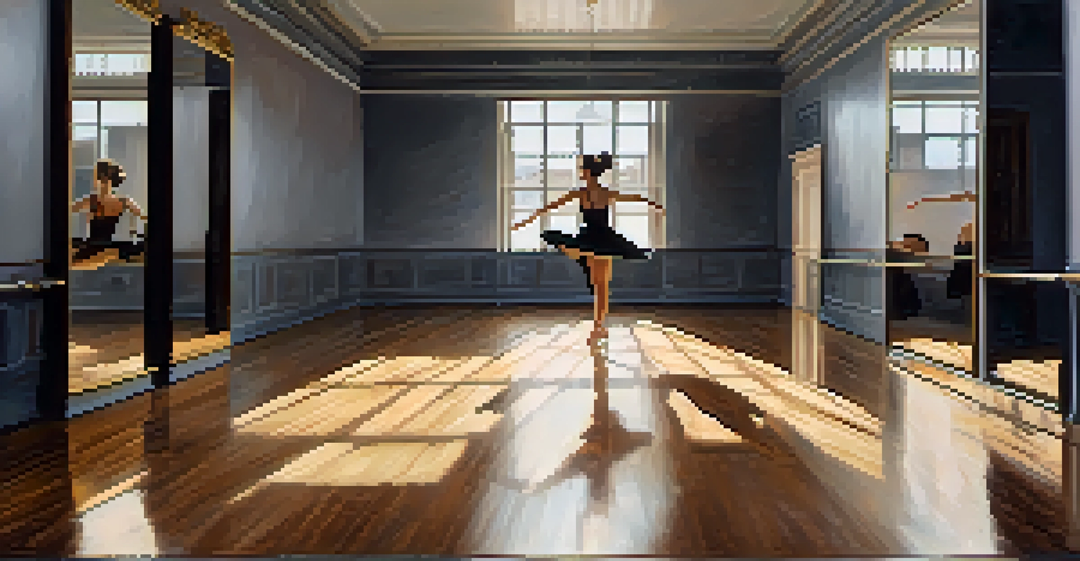 A solo dancer practicing floor work in a sunlit rehearsal space, surrounded by mirrors and wooden flooring.