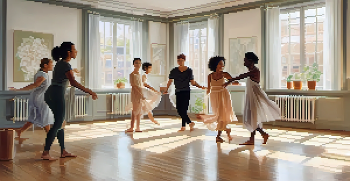 A diverse group of people participating in a dance therapy session in a sunlit studio, engaged in expressive movement with soft natural light and greenery around them.