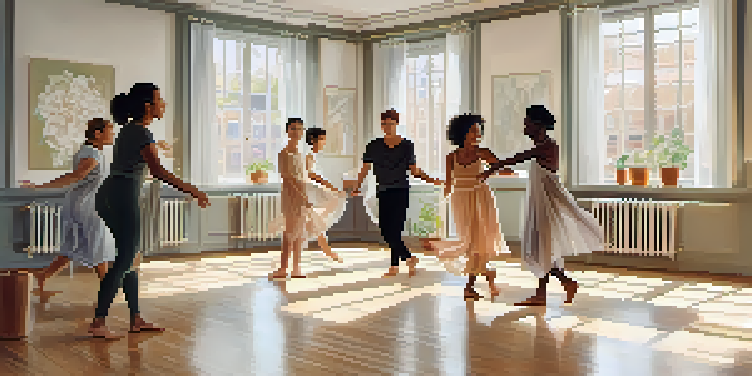 A diverse group of people participating in a dance therapy session in a sunlit studio, engaged in expressive movement with soft natural light and greenery around them.