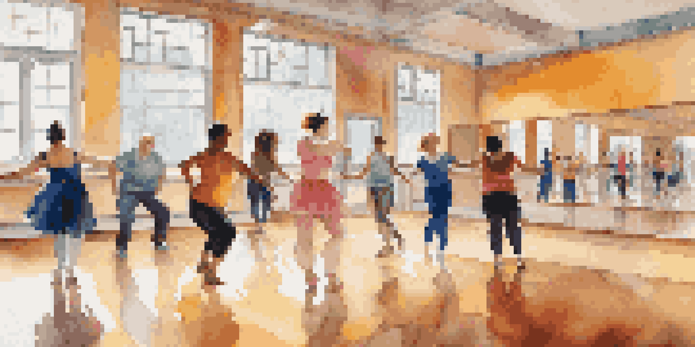 A colorful dance studio with diverse dancers, including those with disabilities, showcasing various dance movements and styles, illuminated by soft natural light.