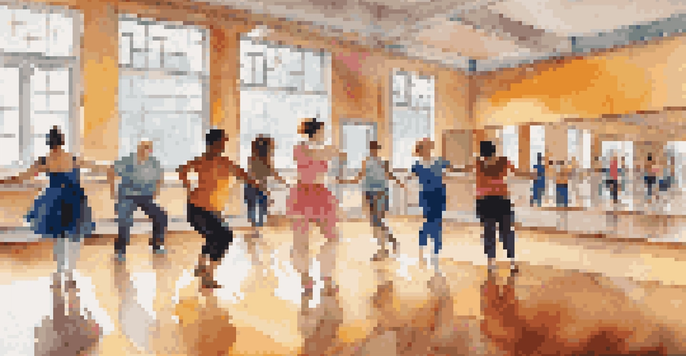 A colorful dance studio with diverse dancers, including those with disabilities, showcasing various dance movements and styles, illuminated by soft natural light.