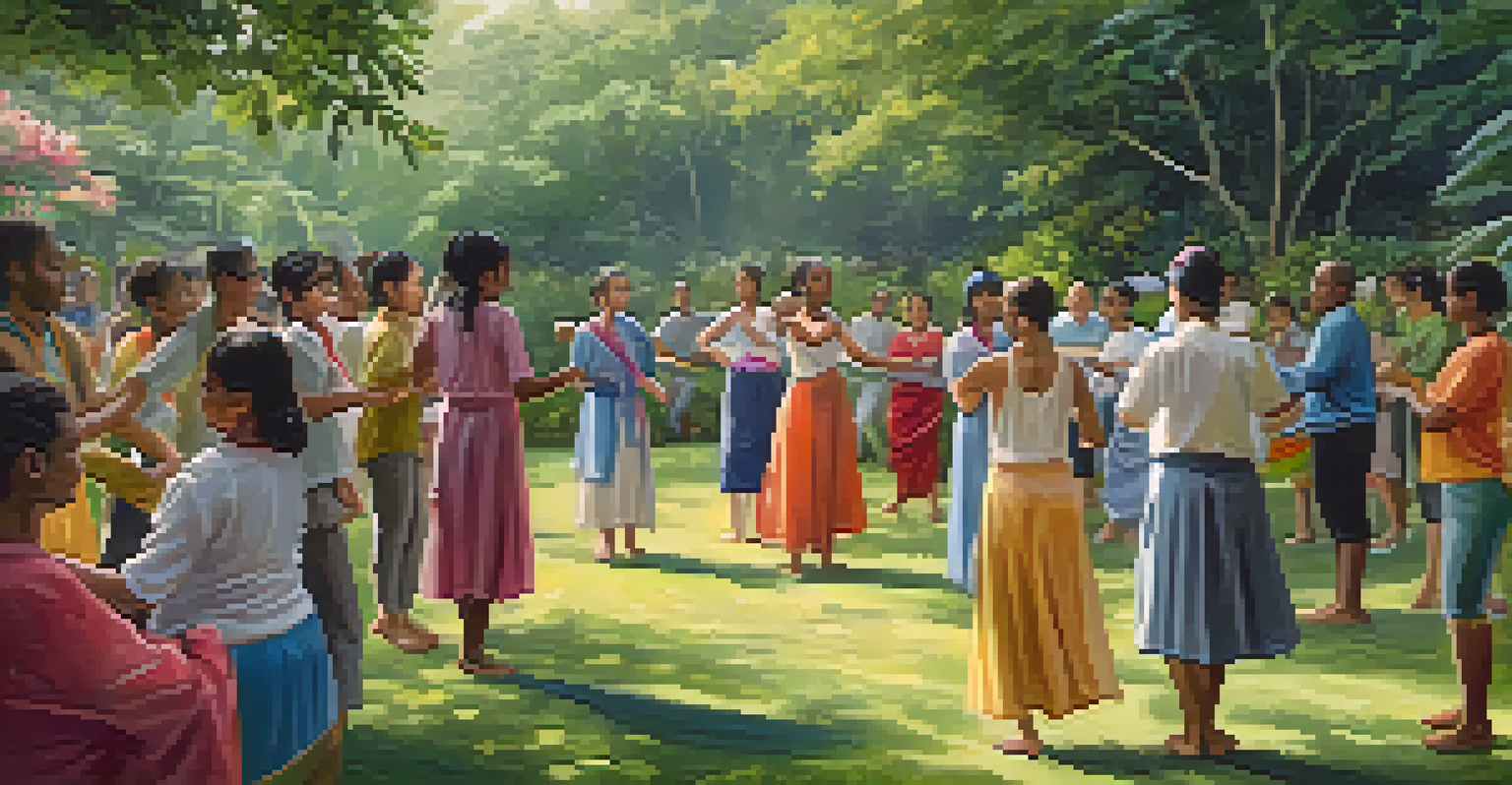 A cultural dance workshop in a garden, with a practitioner teaching traditional movements to engaged participants surrounded by flowers.