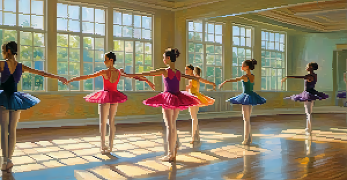 A dance studio with dancers practicing in colorful leotards, warm lighting, and large mirrors.