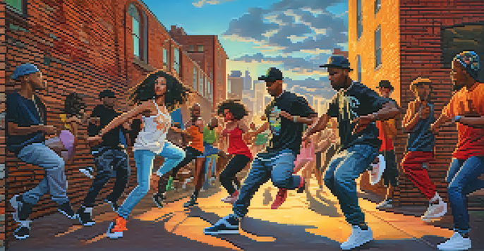 A group of diverse dancers performing hip-hop in an urban environment with colorful streetwear and graffiti art in the background, illuminated by golden hour sunlight.