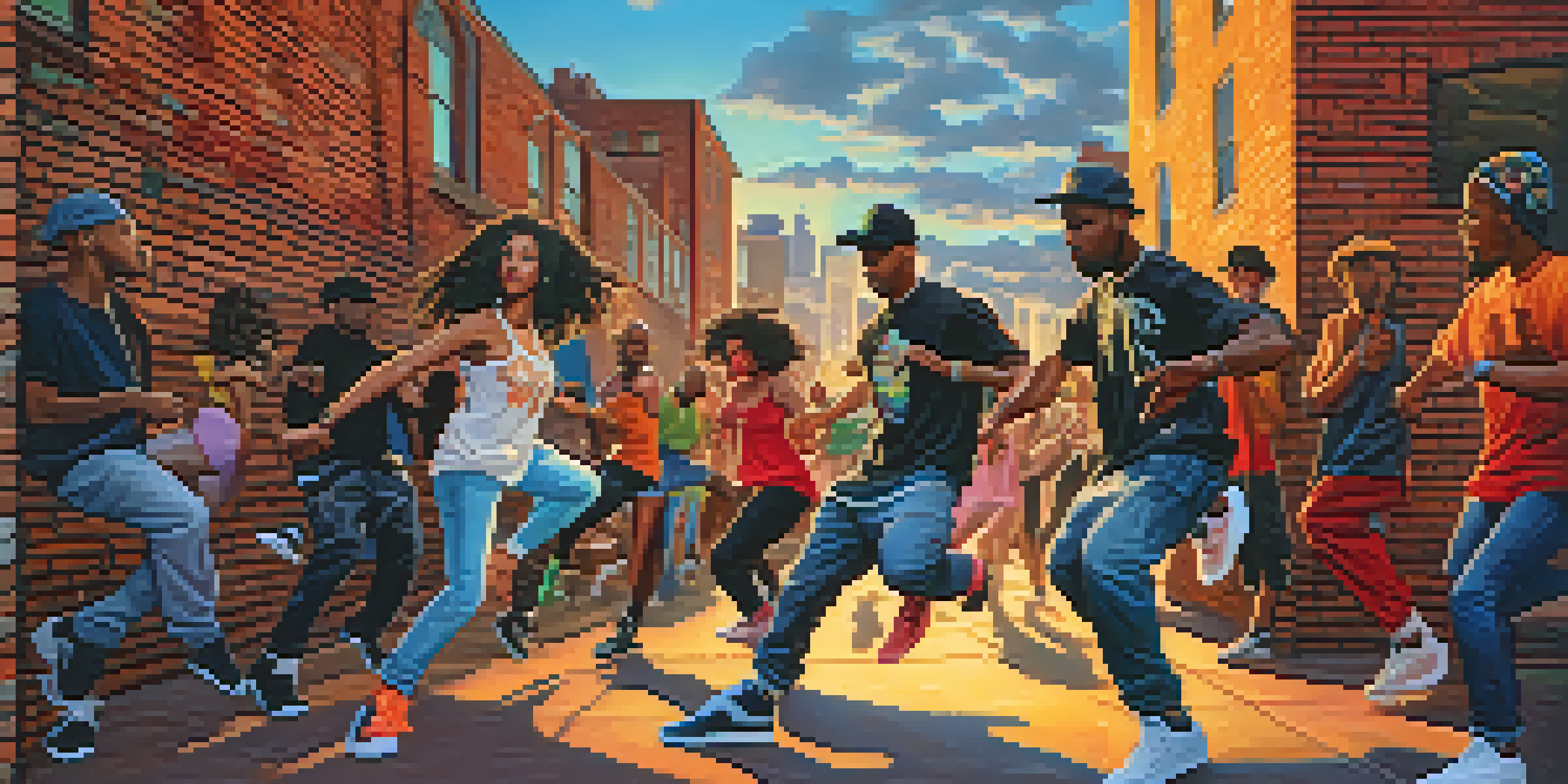 A group of diverse dancers performing hip-hop in an urban environment with colorful streetwear and graffiti art in the background, illuminated by golden hour sunlight.