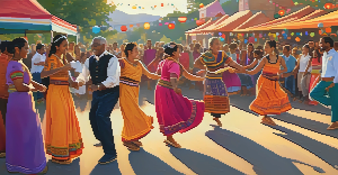 A lively community dance festival with diverse participants dancing joyfully, surrounded by colorful decorations and a warm sunset.