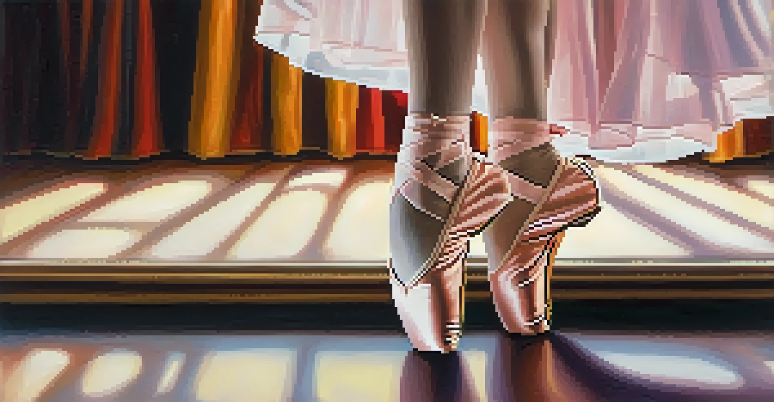 A close-up of a dancer's feet in ballet shoes on stage, highlighting the details of their costume under soft lighting.