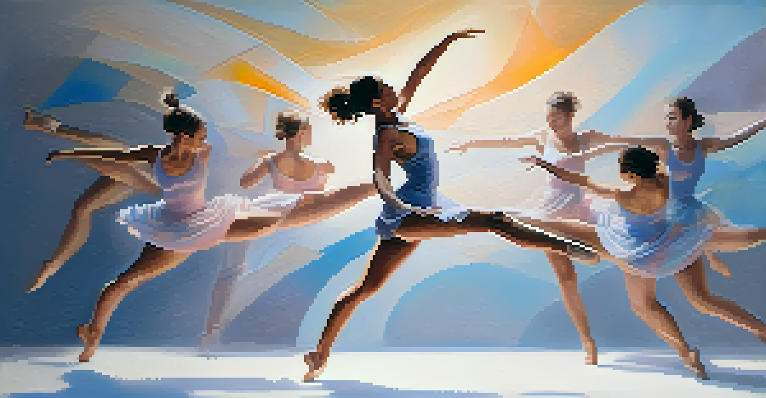 A dancer mid-leap with outlines of their body around them, set against a gradient background of calming colors.