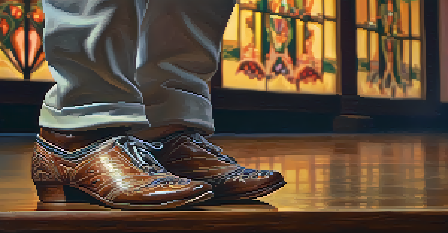 Close-up of intricately designed traditional dance shoes on a wooden floor, with blurred dancers in the background.