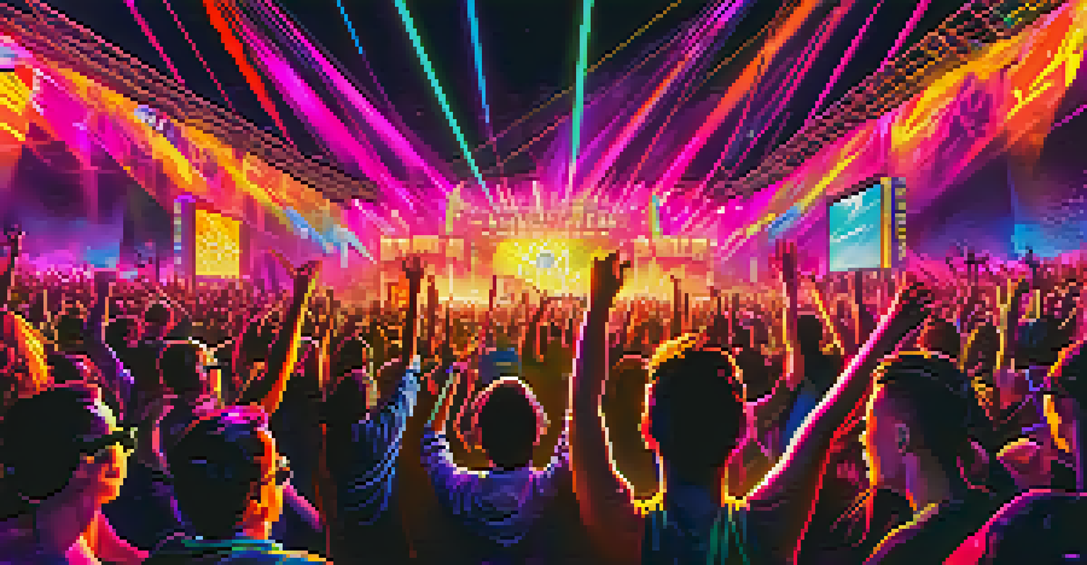 A night scene of an electronic dance music festival with lights, a crowd enjoying music, and vibrant neon colors.