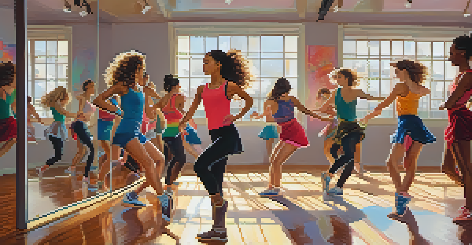 An indoor dance studio with mirrors reflecting energetic dancers practicing a popular dance challenge, lit with warm lighting and colorful mats on the floor.