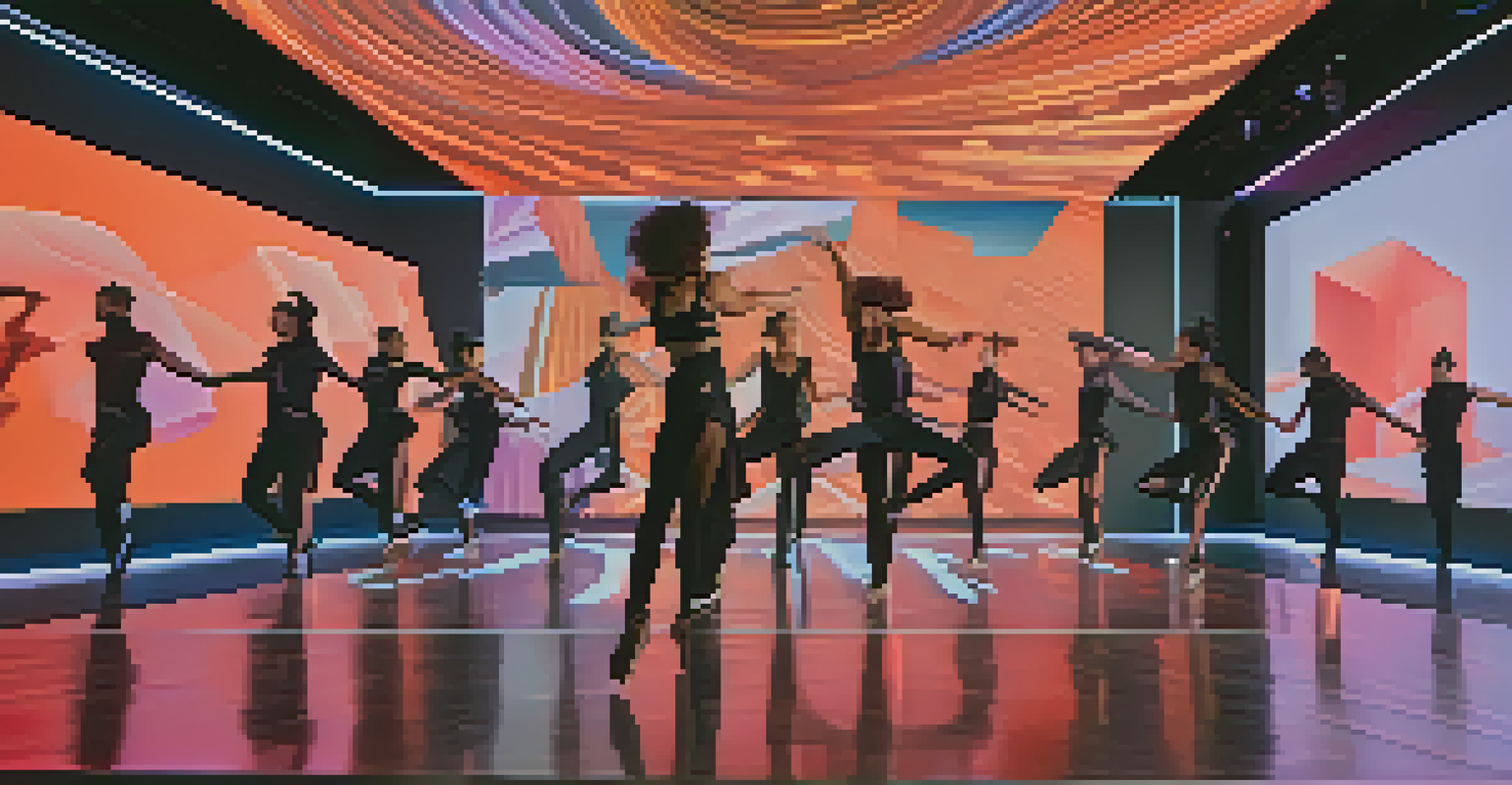 Dancers performing in a futuristic digital landscape with vibrant lighting, showcasing contemporary and hip-hop dance styles.