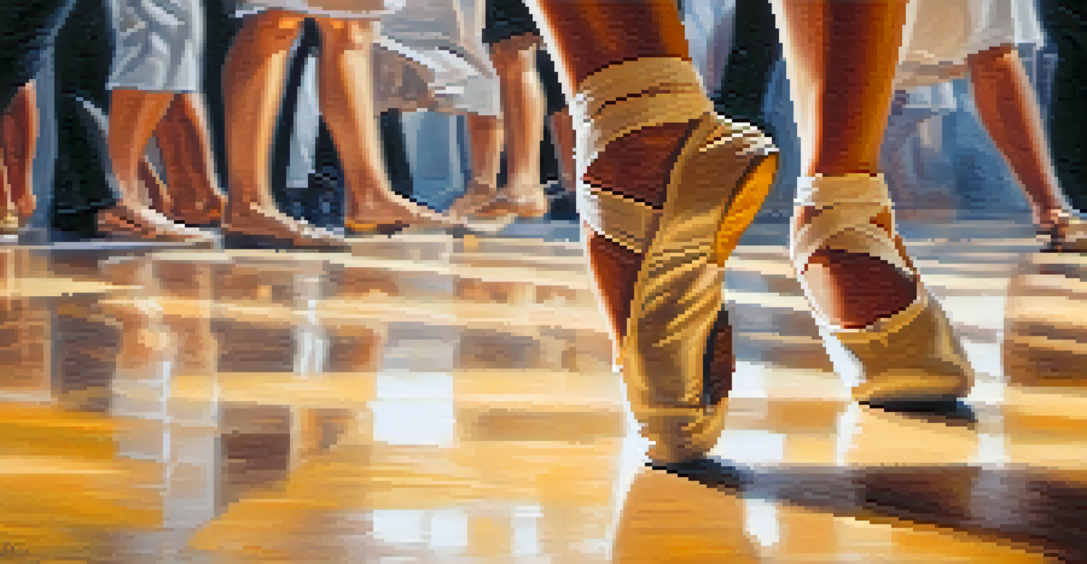 Close-up of a dancer's feet in motion, highlighting the shoes and dance floor texture.