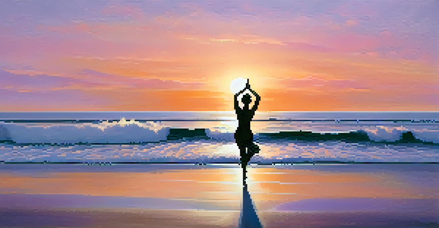 A dancer performing a yoga pose on a beach at sunrise, silhouetted against a colorful sky with gentle waves in the background.