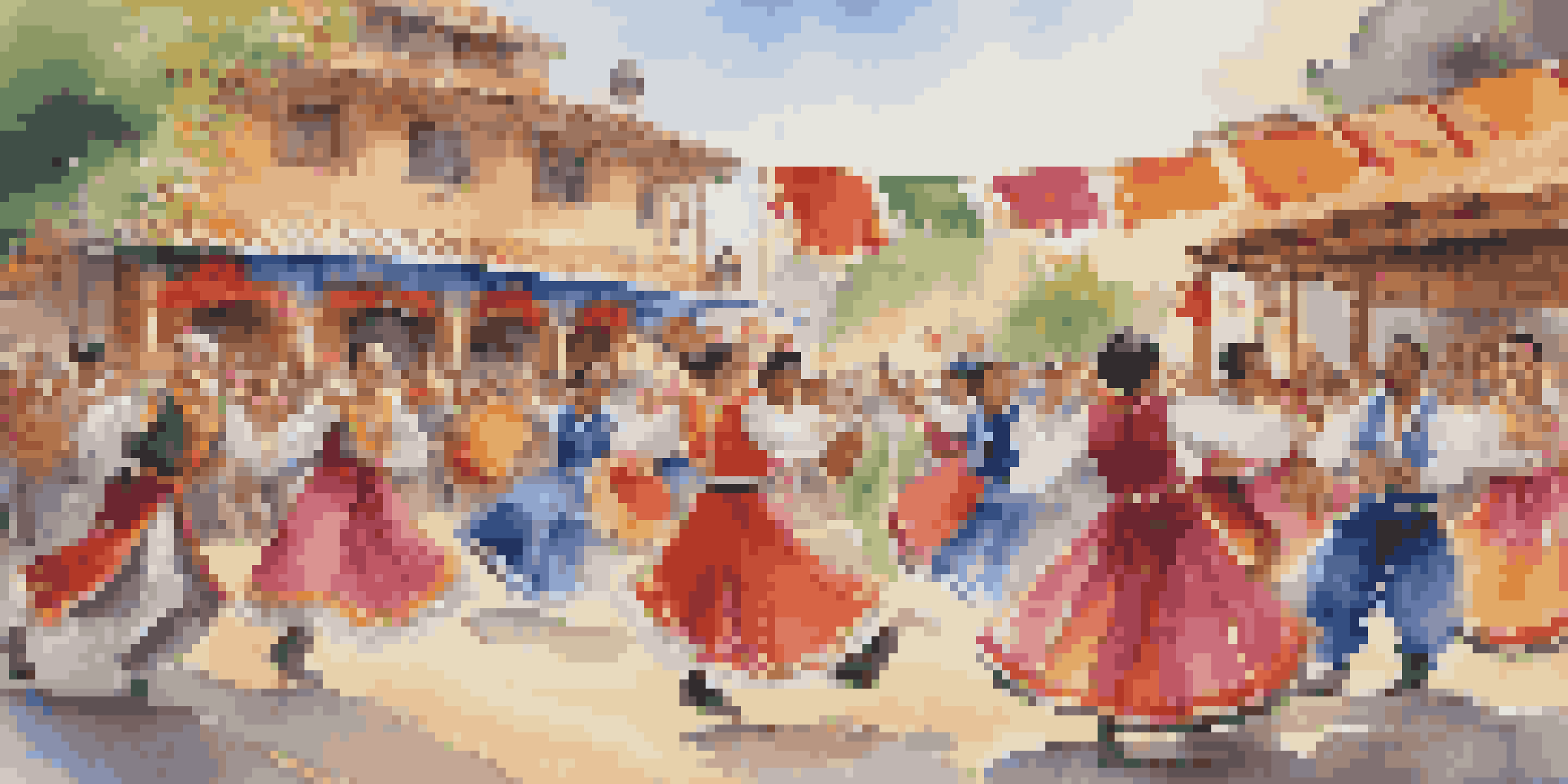 A group of dancers in colorful costumes performing folk dance at an outdoor festival, surrounded by a lively audience and traditional instruments.