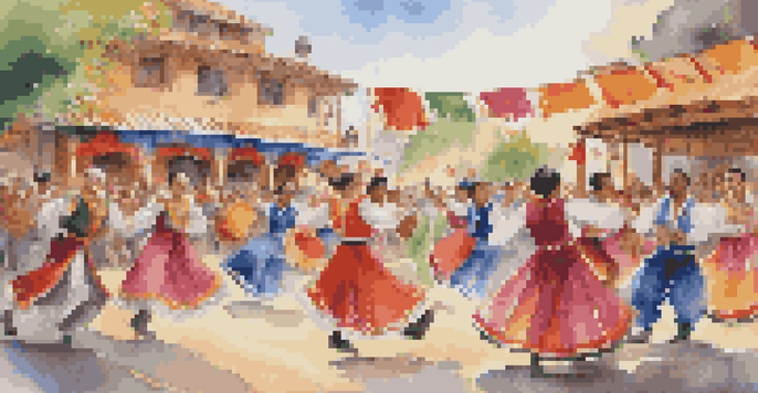 A group of dancers in colorful costumes performing folk dance at an outdoor festival, surrounded by a lively audience and traditional instruments.