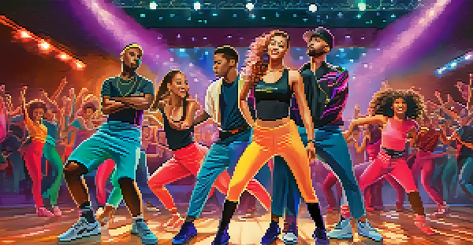 A lively dance competition with diverse dancers on stage, showcasing different styles and colorful costumes, with an energetic audience cheering in the background.