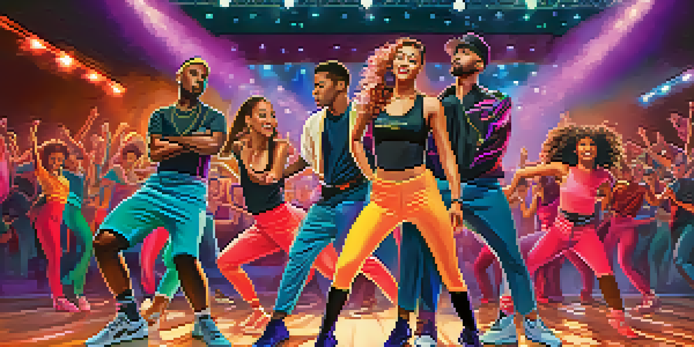 A lively dance competition with diverse dancers on stage, showcasing different styles and colorful costumes, with an energetic audience cheering in the background.