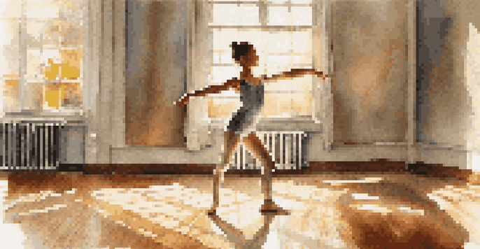 A young dancer practicing in a well-lit studio, looking in the mirror with a focused expression, sunlight filtering through the windows.
