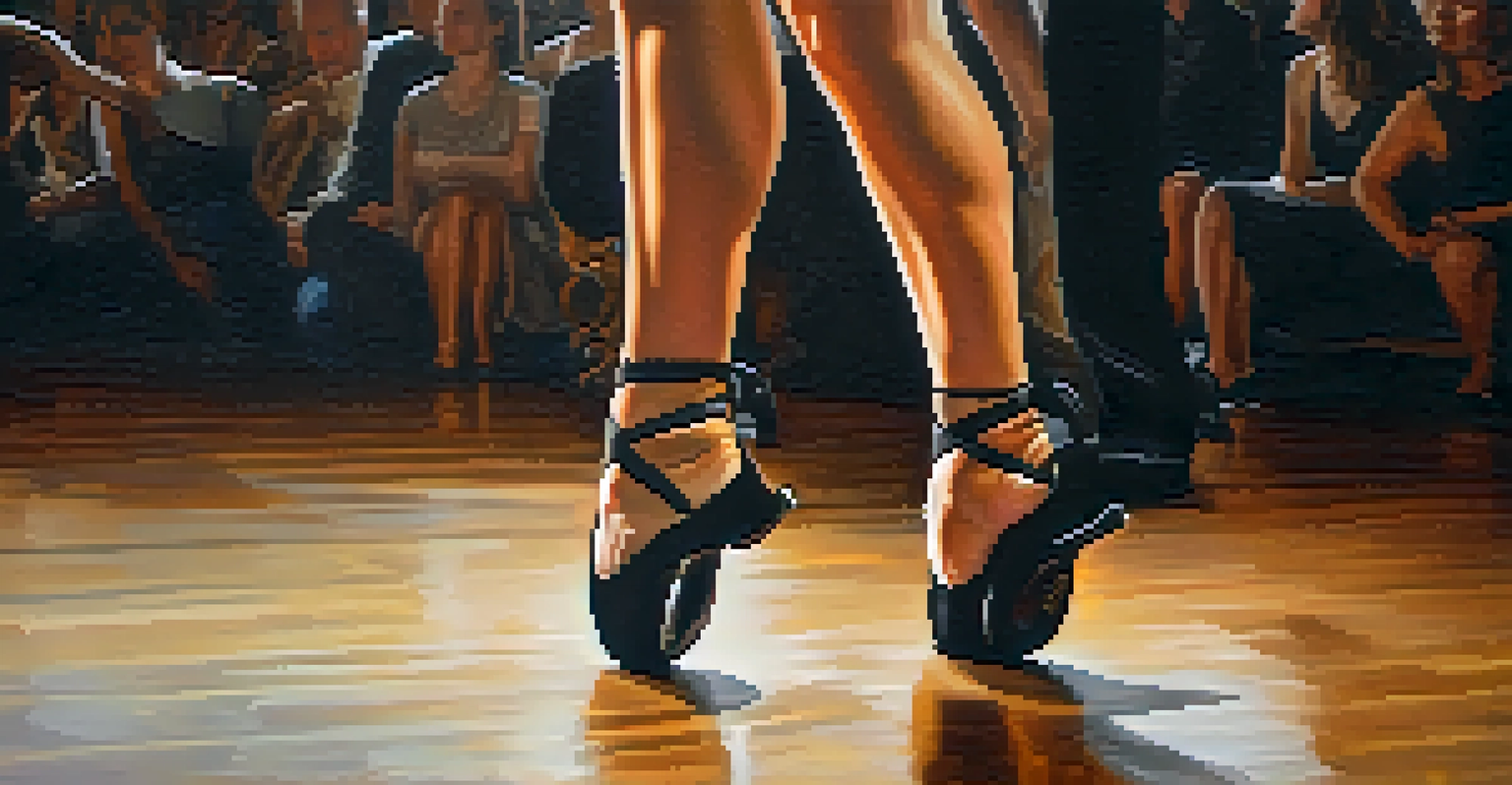 A close-up of a dancer's feet in motion on a polished wooden floor, emphasizing intricate footwork.