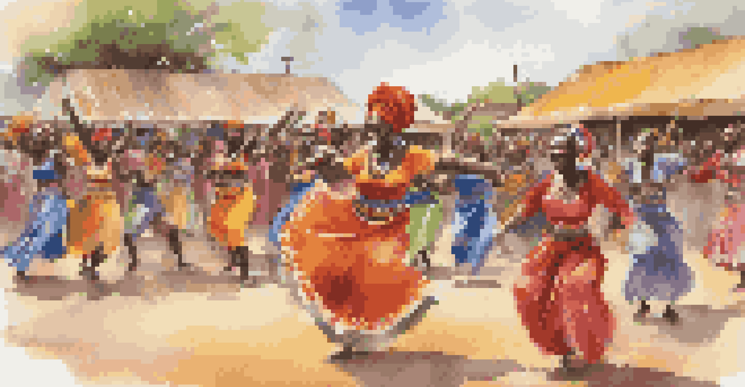 A group of performers in traditional African costumes dancing energetically in front of a diverse audience, with colorful decorations in the background.