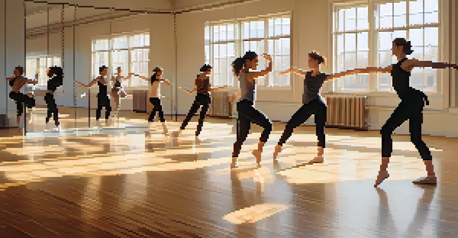 A dance workshop with diverse dancers practicing in a sunlit studio, surrounded by mirrors and large windows, expressing their identities through movement.