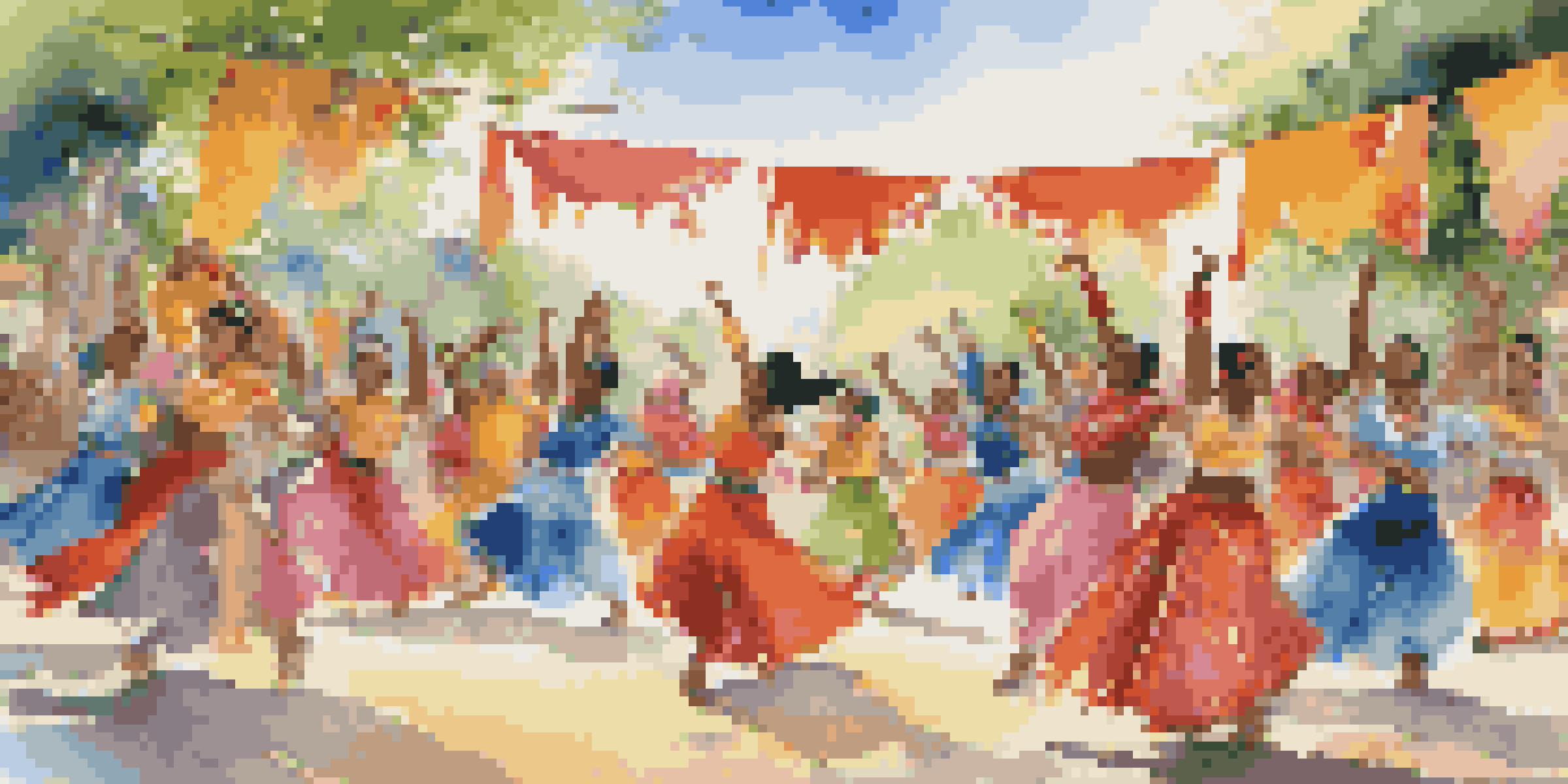 A lively dance festival featuring dancers in traditional costumes from different cultures, set in a sunny outdoor venue with colorful banners and greenery.