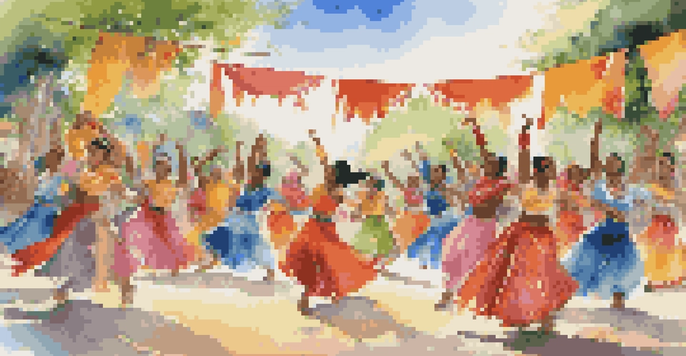 A lively dance festival featuring dancers in traditional costumes from different cultures, set in a sunny outdoor venue with colorful banners and greenery.