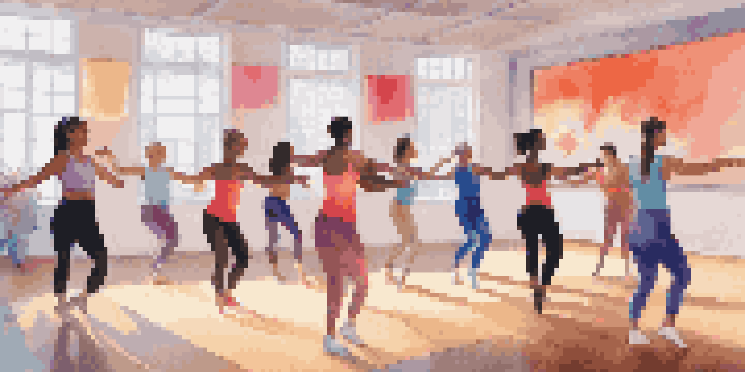 A diverse group of dancers engaged in an online dance class, following an instructor on a large screen in a brightly decorated room.