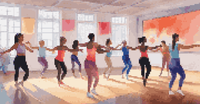 A diverse group of dancers engaged in an online dance class, following an instructor on a large screen in a brightly decorated room.