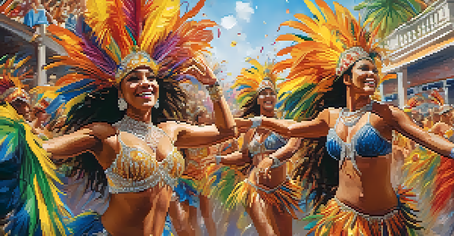Samba dancers in extravagant costumes inviting festival-goers to join the dance at a vibrant Brazilian Carnival, showcasing unity and celebration.